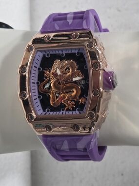 AJ Purple Silicone Strap Watch with Gold Dragon Dial
